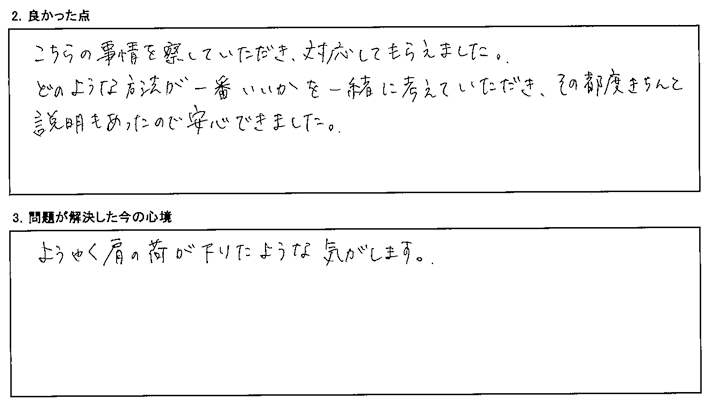 どのような方法が一番いいかを一緒に考えていただき、その都度きちんと説明もあった